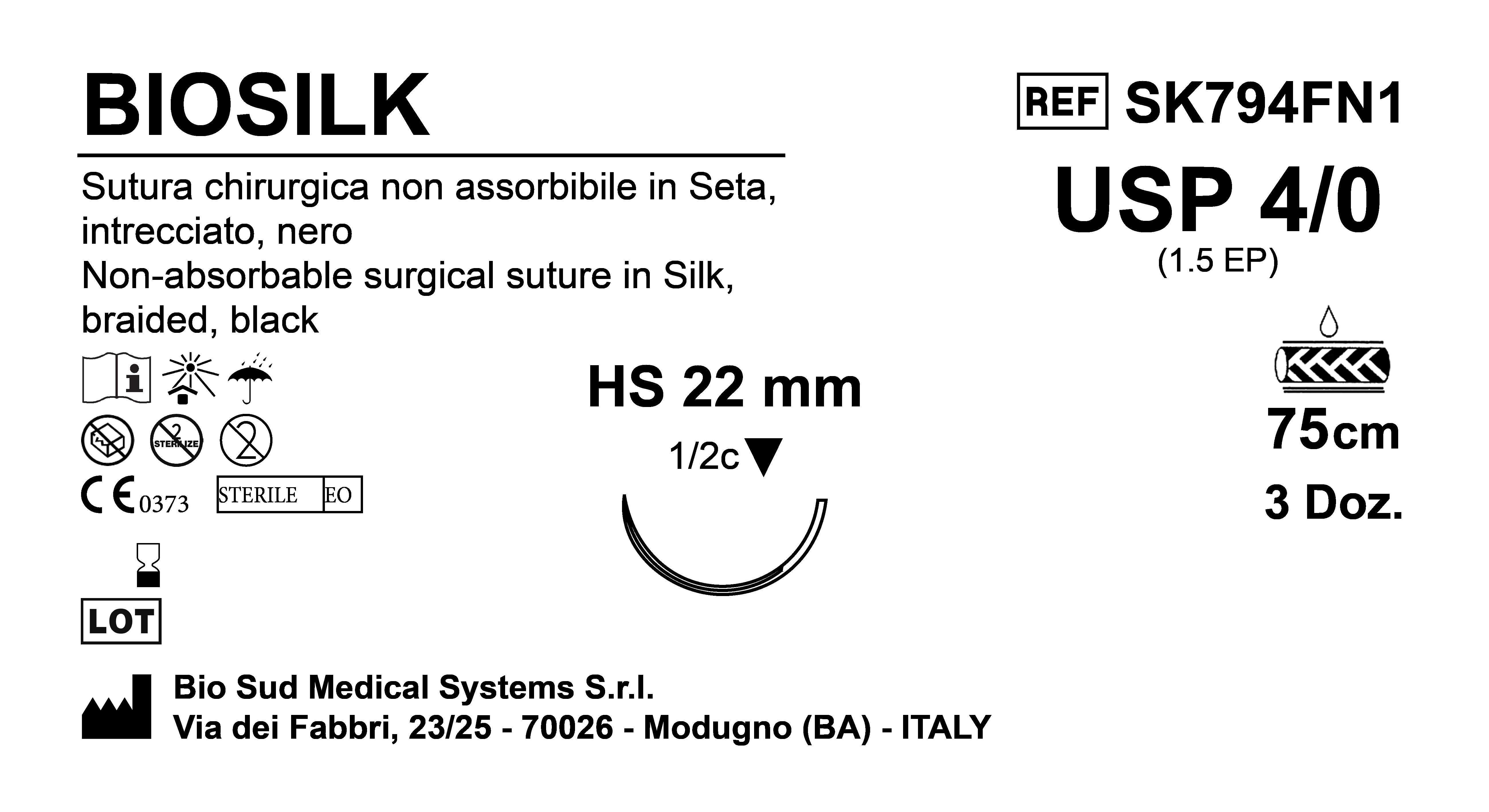 Sutura Biosilk HS 22 USP 4-0  - EP 1.5 75 cm Black Box 36 pcs