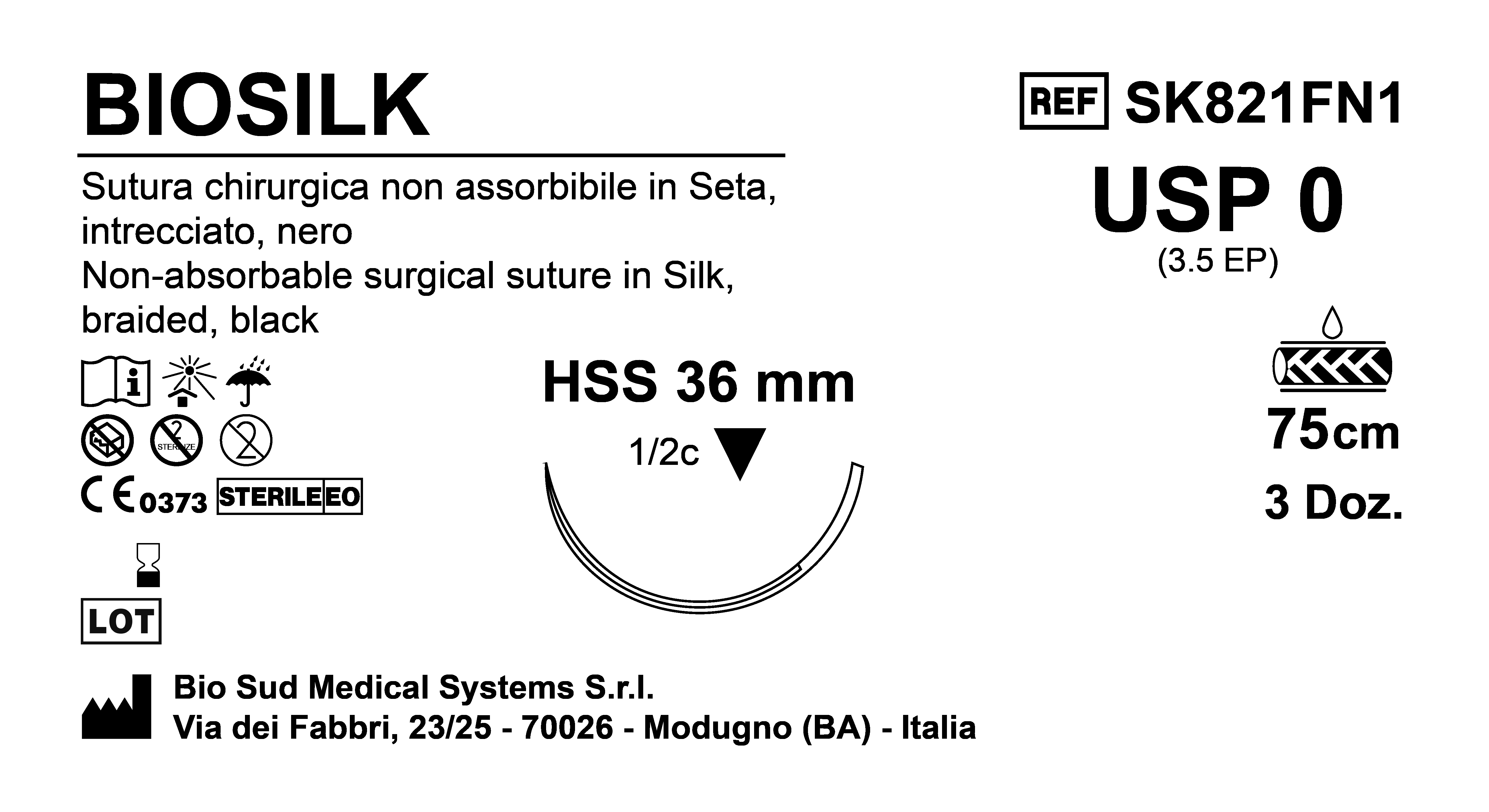 Sutura Biosilk HSS36 USP 0 - EP 3.5 75 cm Black Box 36 pcs