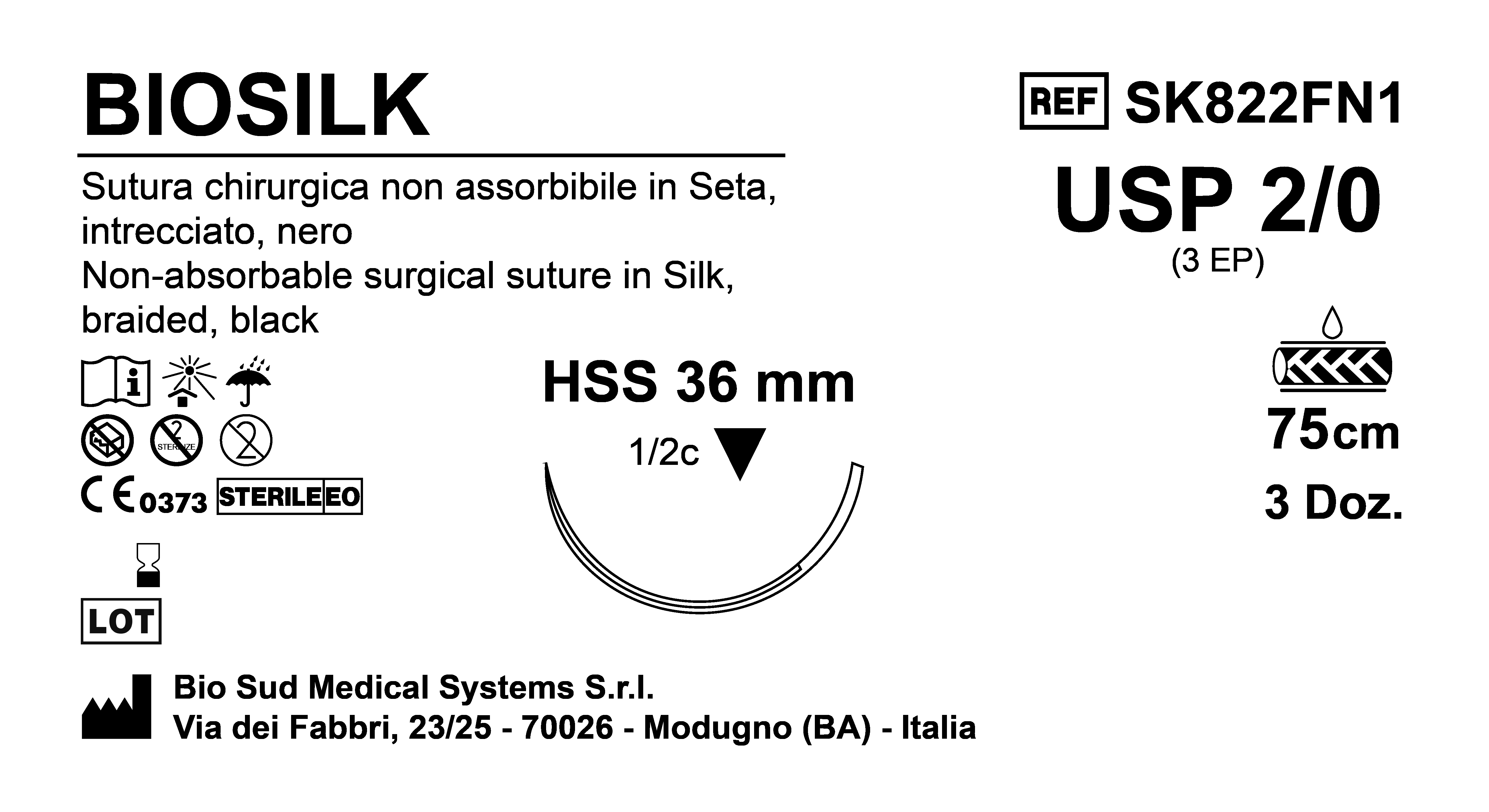 Sutura Biosilk HSS 36 USP 2-0 - EP 3 75 cm Black Box 36 pcs