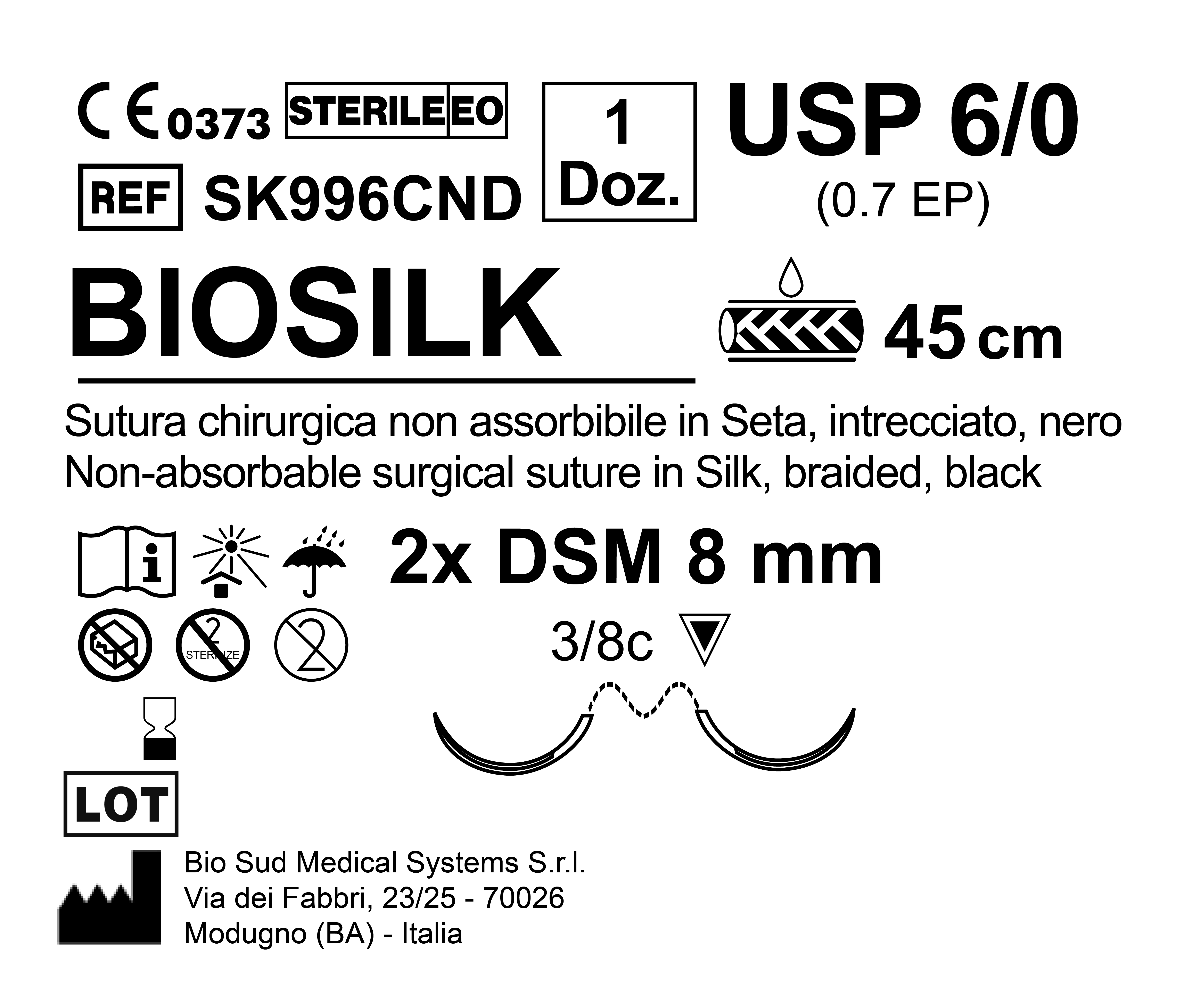 Sutura Biosilk DSM 8 USP 6-0 - EP 0.7 45 cm Black Double Armed  N.12 Bs. per Box