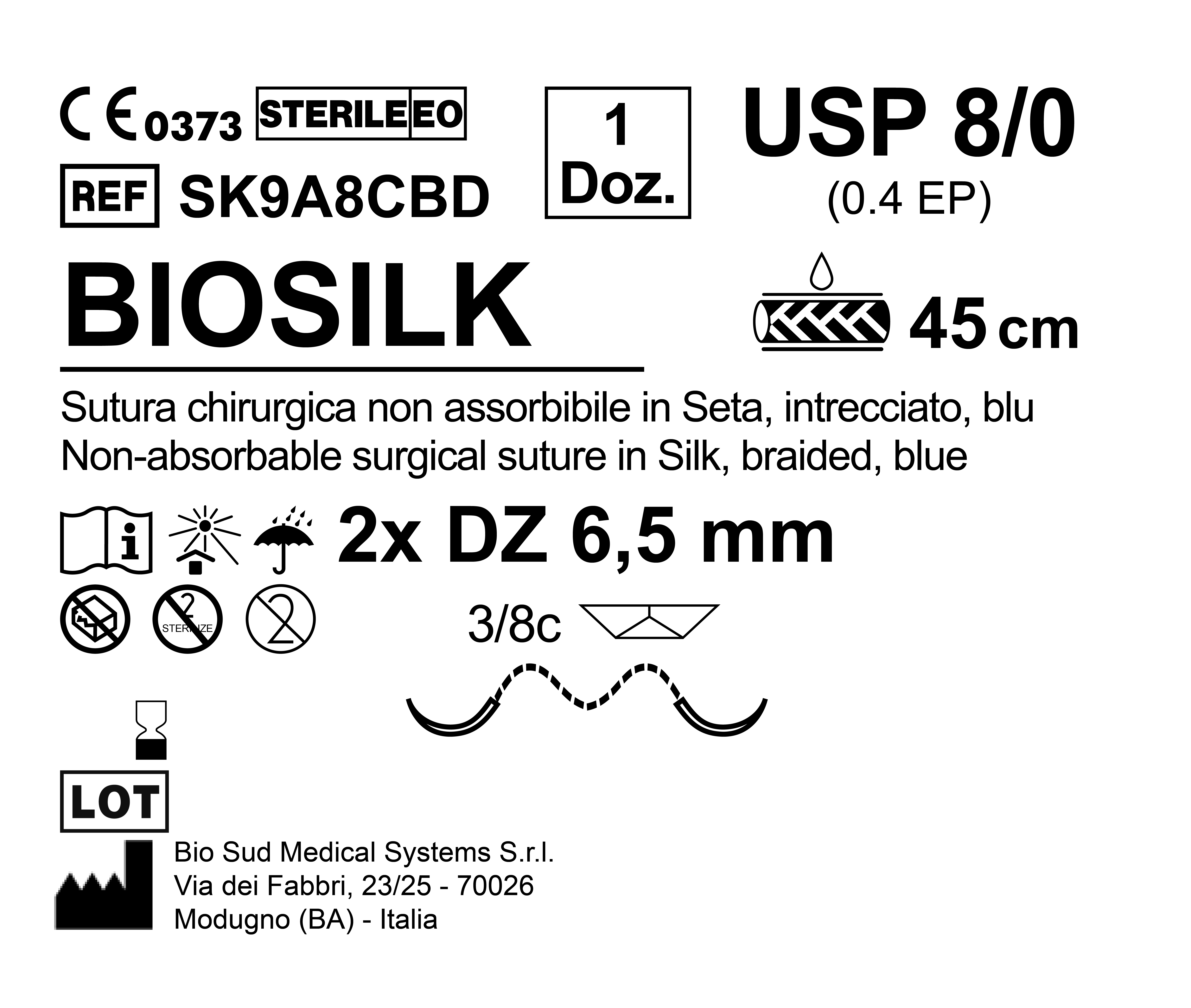 Sutura Biosilk DZ 6.5 USP 8-0 - EP 0.4 45 cm Blue Double Armed  N.12 Bs. per Box