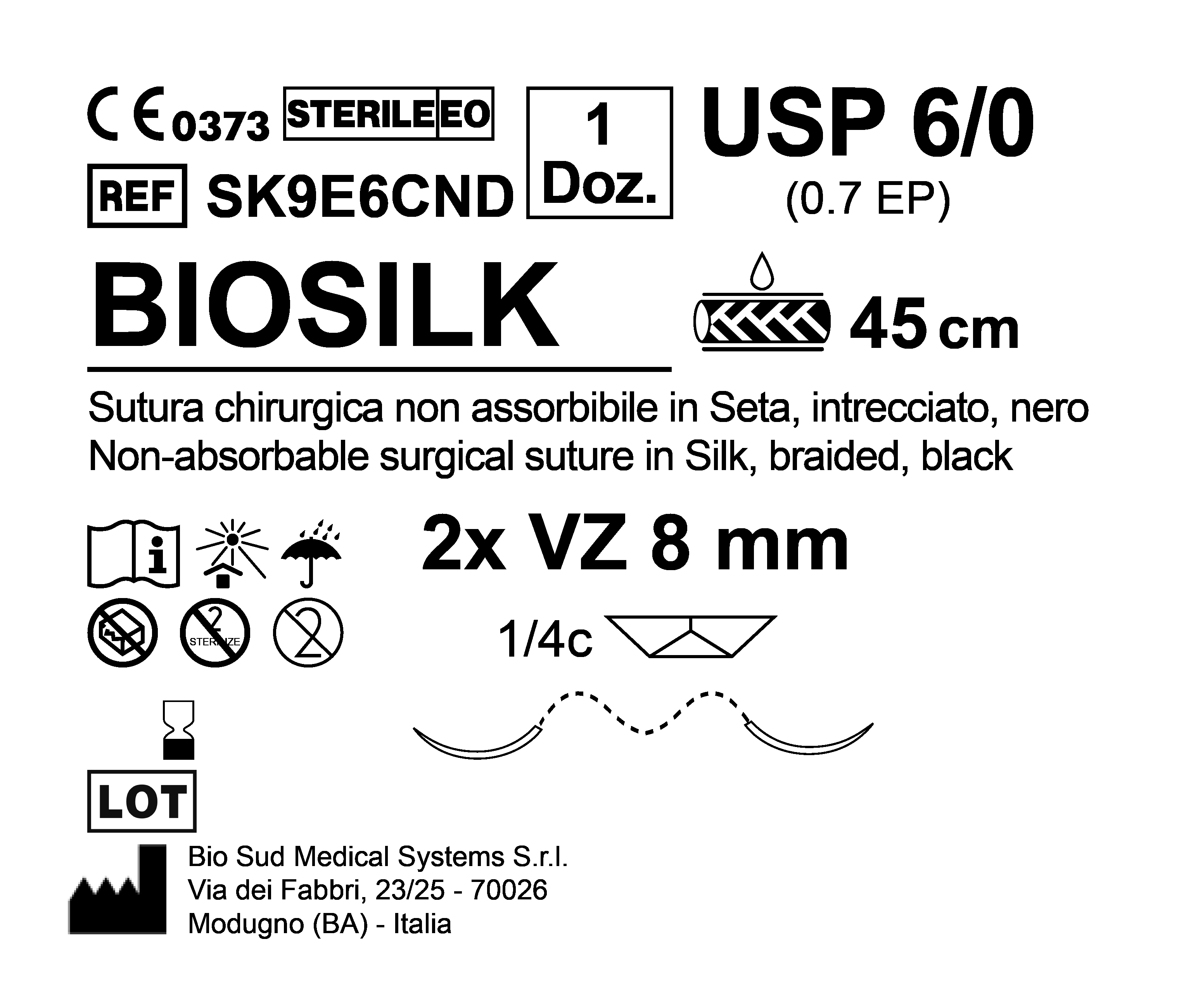 Sutura Biosilk VZ 8 USP 6-0 - EP 0.7 45 cm Black Double Armed  N.12 Bs. per Box