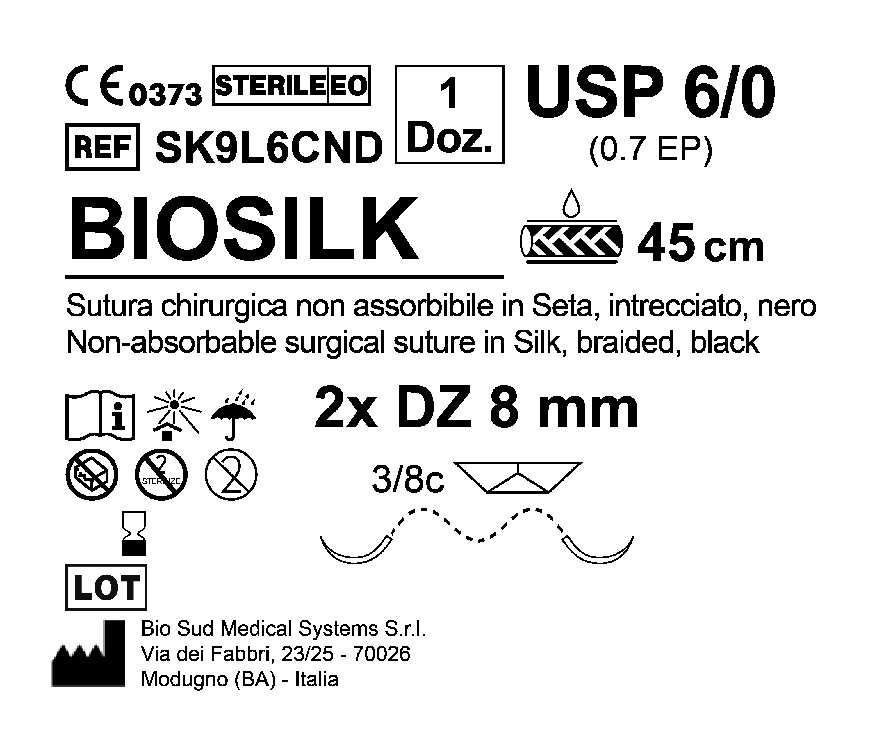 Sutura Biosilk DZ 8 USP 6-0 - EP 0.7 45 cm Black Double Armed  N.12 Bs. per Box