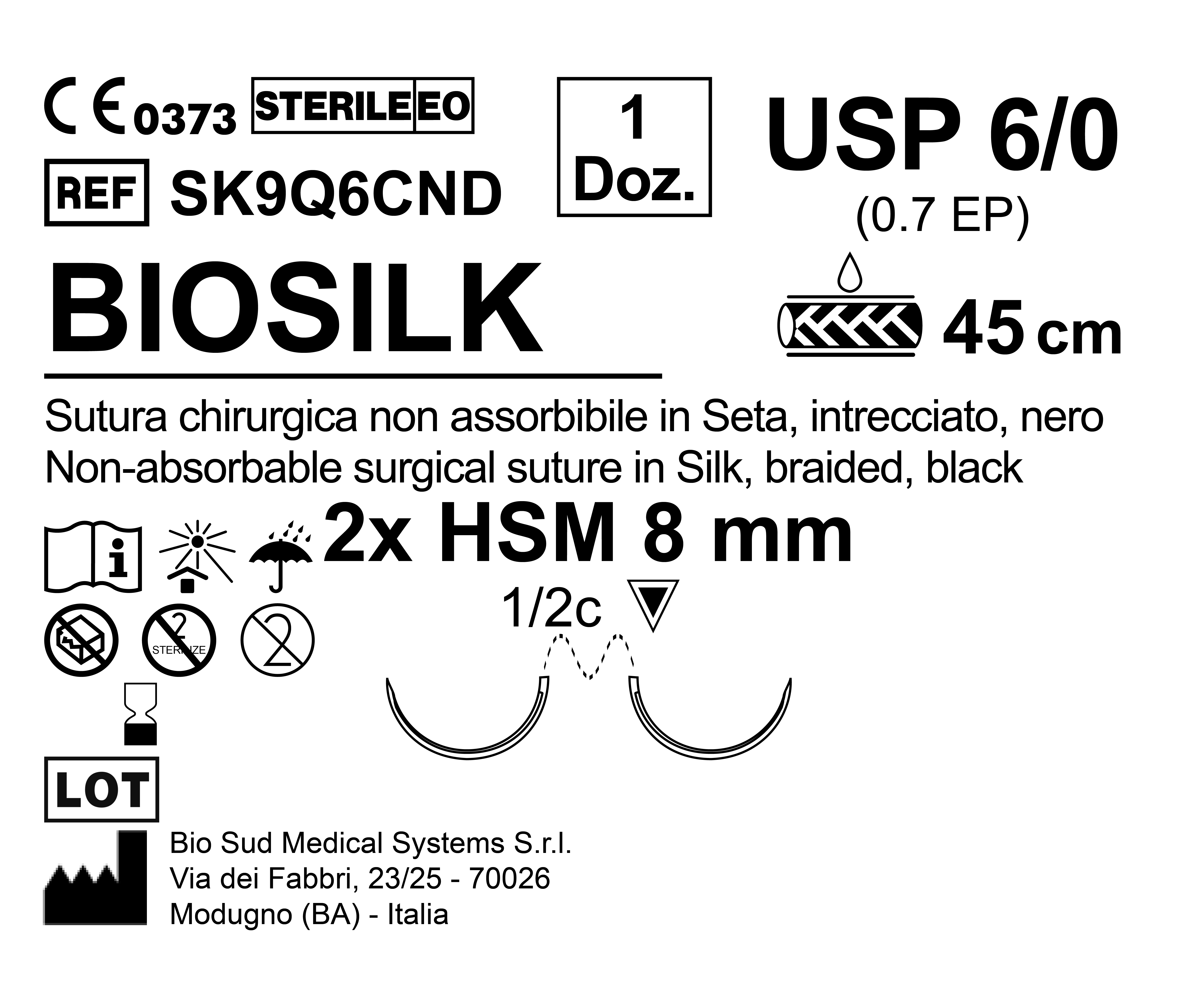 Sutura Biosilk HSM 8 USP 6-0 - EP 0.7 45 cm Black Double Armed  N.12 Bs. per Box