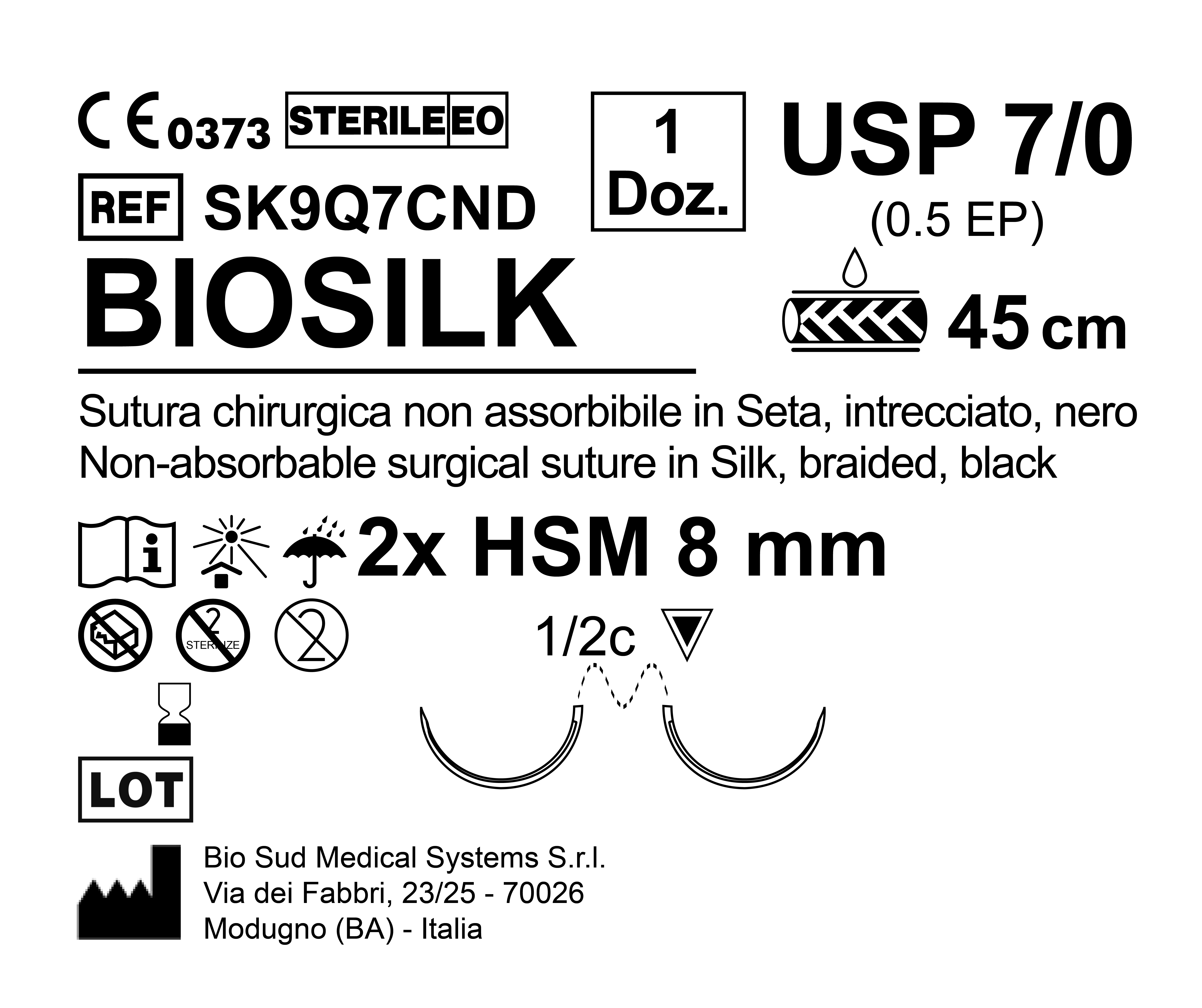 Sutura Biosilk HSM 8 USP 7-0 - EP 0.5 45 cm Black Double Armed  N.12 Bs. per Box