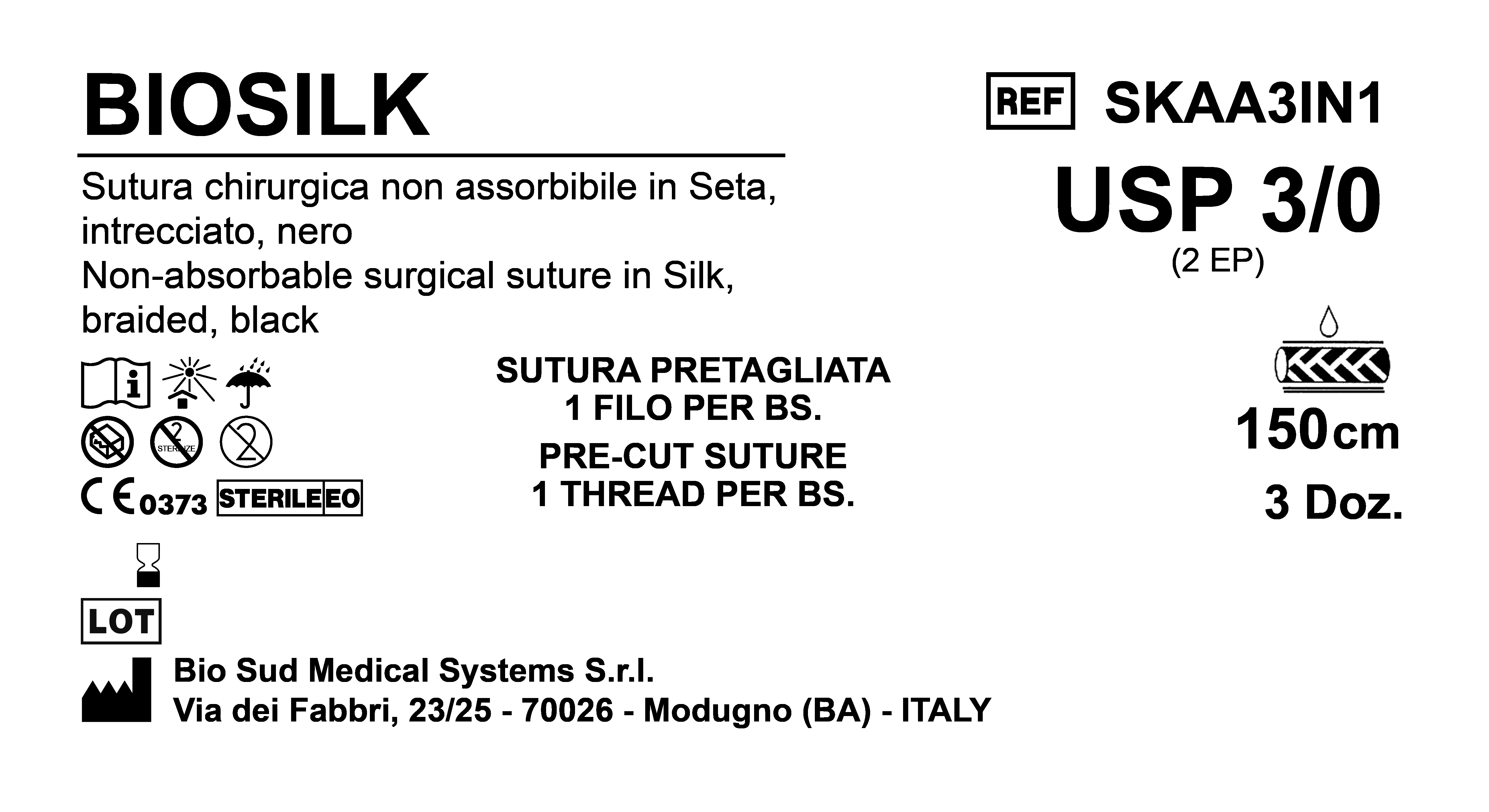 Sutura Biosilk Precutted USP 3-0 - EP 2 150 cm Black Box 36 pcs